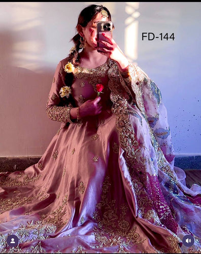 Presenting New  Heavy Pure Satin Silk Gown -Pent  Dupatta Set Fully Stitched Ready To Wear
