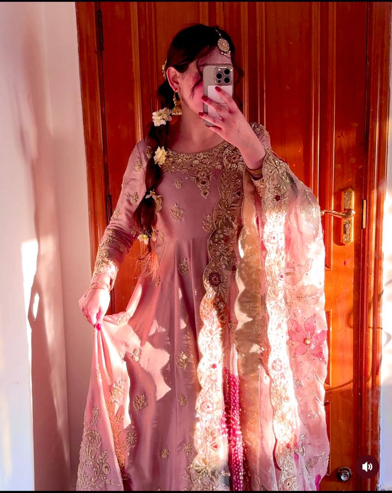 Presenting New  Heavy Pure Satin Silk Gown -Pent  Dupatta Set Fully Stitched Ready To Wear