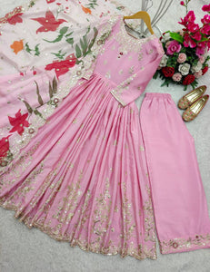 Presenting New  Heavy Pure Satin Silk Gown -Pent  Dupatta Set Fully Stitched Ready To Wear