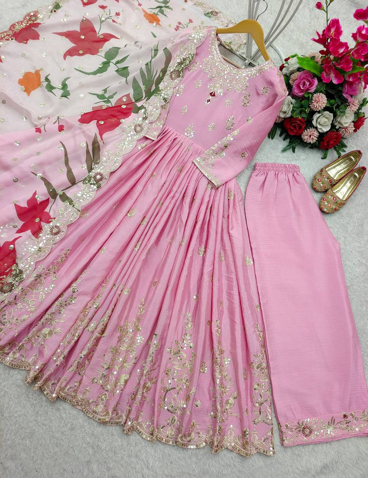 Presenting New  Heavy Pure Satin Silk Gown -Pent  Dupatta Set Fully Stitched Ready To Wear