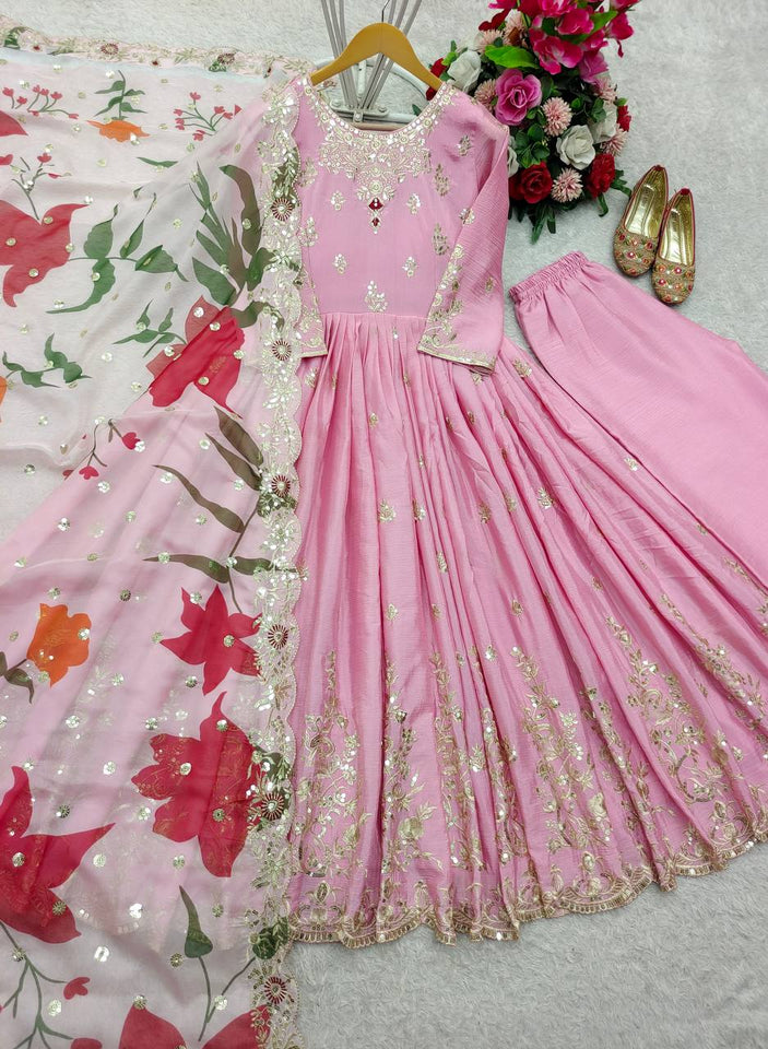 Presenting New  Heavy Pure Satin Silk Gown -Pent  Dupatta Set Fully Stitched Ready To Wear