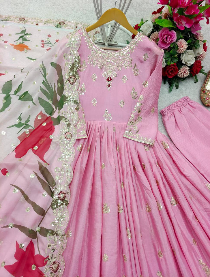 Presenting New  Heavy Pure Satin Silk Gown -Pent  Dupatta Set Fully Stitched Ready To Wear
