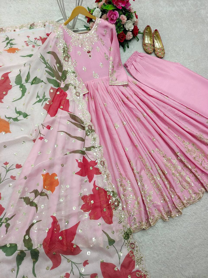 Presenting New  Heavy Pure Satin Silk Gown -Pent  Dupatta Set Fully Stitched Ready To Wear