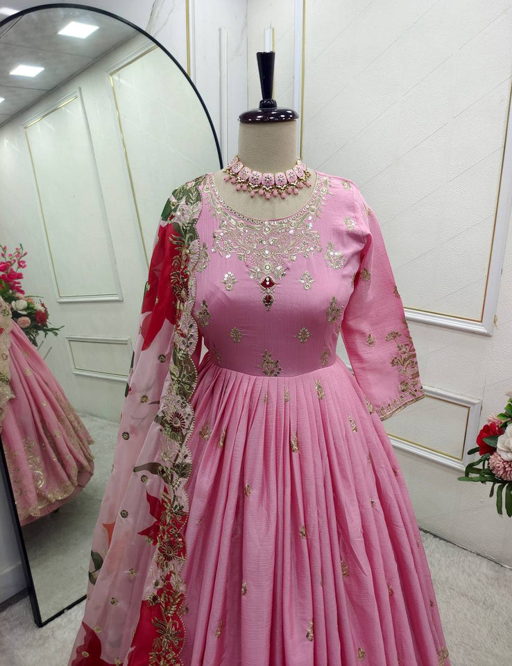 Presenting New  Heavy Pure Satin Silk Gown -Pent  Dupatta Set Fully Stitched Ready To Wear