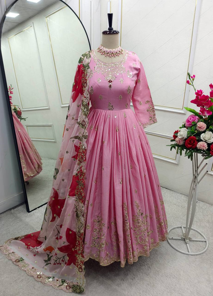 Presenting New  Heavy Pure Satin Silk Gown -Pent  Dupatta Set Fully Stitched Ready To Wear