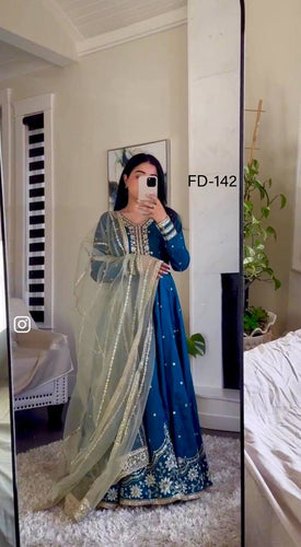 Presenting New  Heavy Pure Satin Silk Gown -Pent  Dupatta Set Fully Stitched Ready To Wear