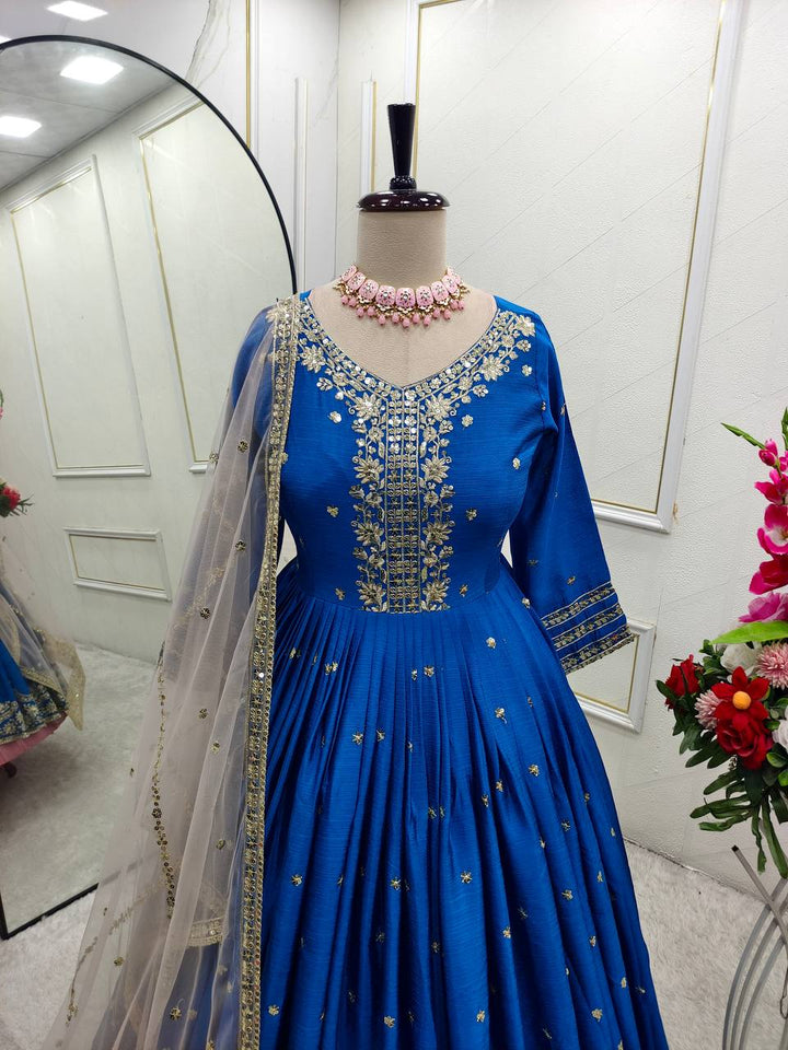Presenting New  Heavy Pure Satin Silk Gown -Pent  Dupatta Set Fully Stitched Ready To Wear