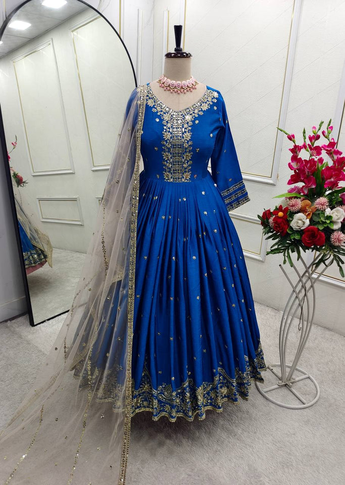 Presenting New  Heavy Pure Satin Silk Gown -Pent  Dupatta Set Fully Stitched Ready To Wear
