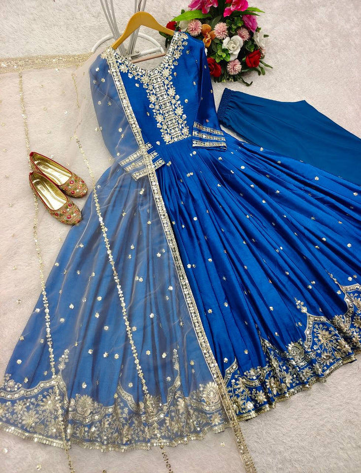 Presenting New  Heavy Pure Satin Silk Gown -Pent  Dupatta Set Fully Stitched Ready To Wear