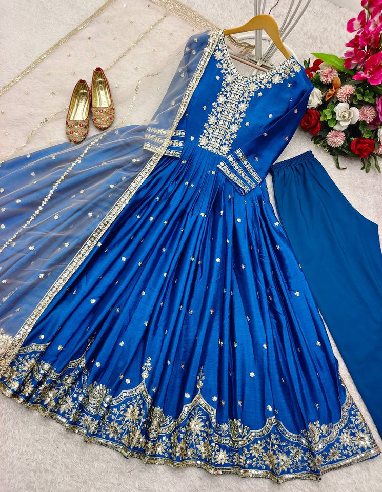 Presenting New  Heavy Pure Satin Silk Gown -Pent  Dupatta Set Fully Stitched Ready To Wear
