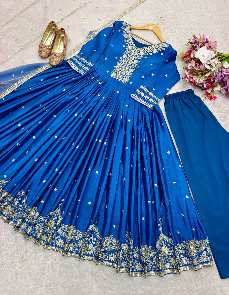 Presenting New  Heavy Pure Satin Silk Gown -Pent  Dupatta Set Fully Stitched Ready To Wear