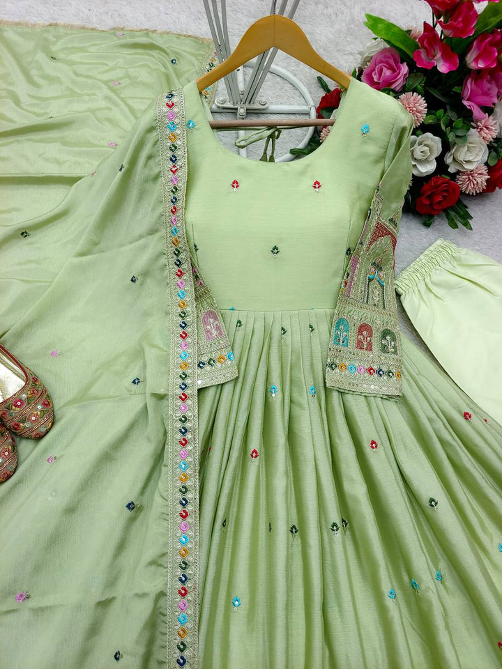 Presenting New Collection Heavy Pure Cinon Silk Gown -Pent  Dupatta Set Fully Stitched Ready To Wear 🔥😍🥰*