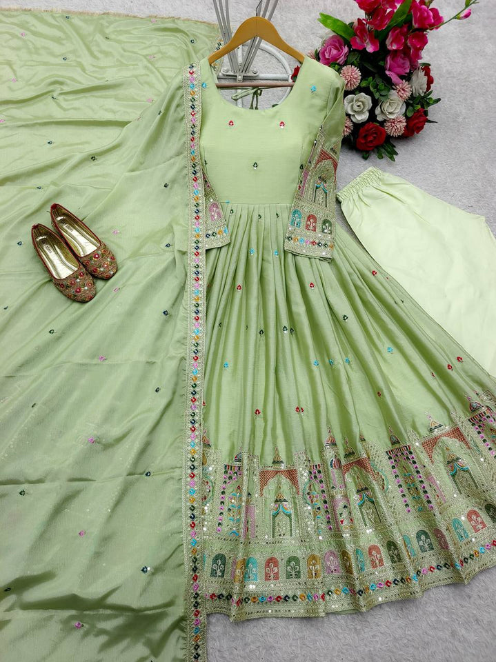 Presenting New Collection Heavy Pure Cinon Silk Gown -Pent  Dupatta Set Fully Stitched Ready To Wear 🔥😍🥰*