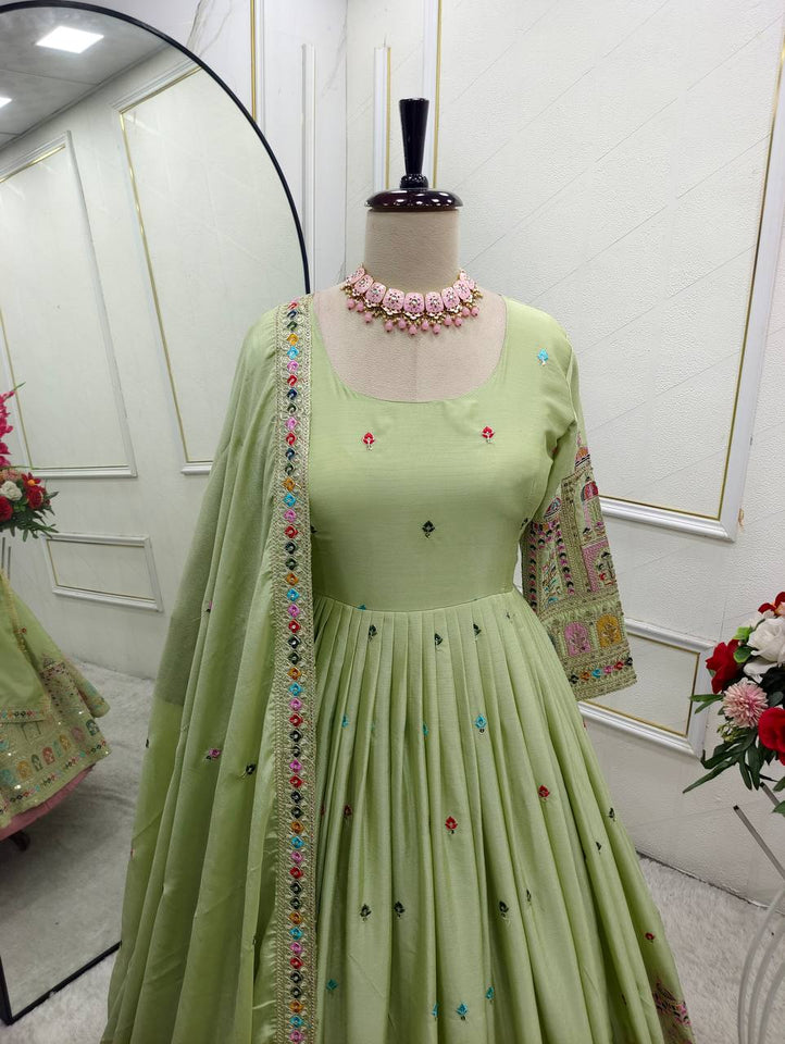 Presenting New Collection Heavy Pure Cinon Silk Gown -Pent  Dupatta Set Fully Stitched Ready To Wear 🔥😍🥰*
