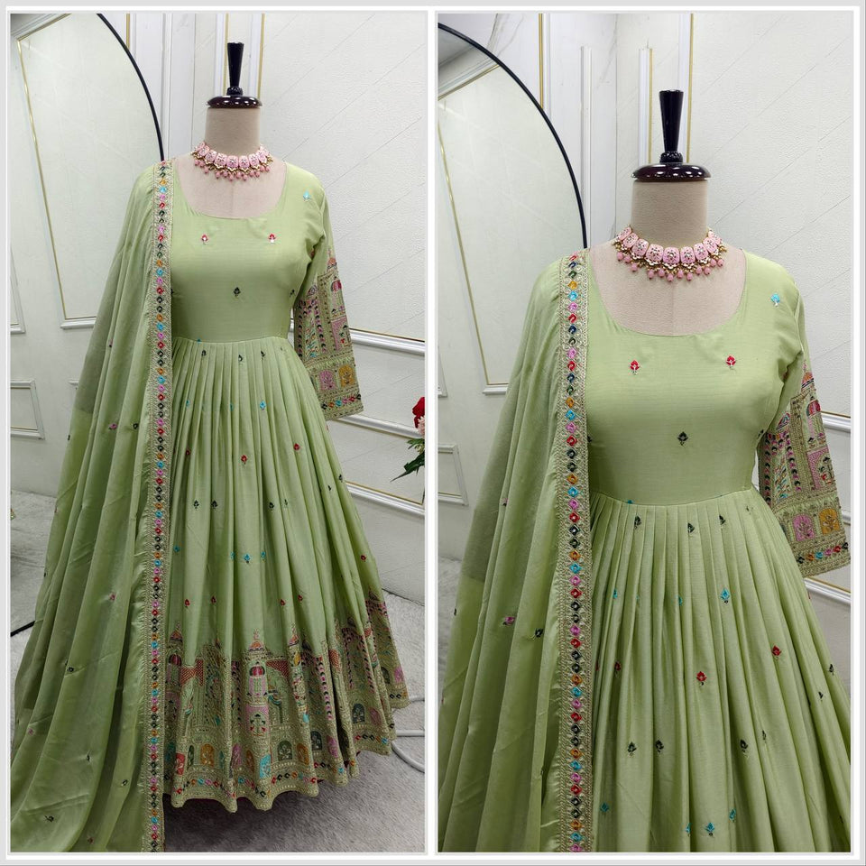 Presenting New Collection Heavy Pure Cinon Silk Gown -Pent  Dupatta Set Fully Stitched Ready To Wear 🔥😍🥰*