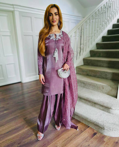 Presenting New Pure Natural Crep Satin Top&Farshi&Dupatta Set Fully Stitched Ready To Wear