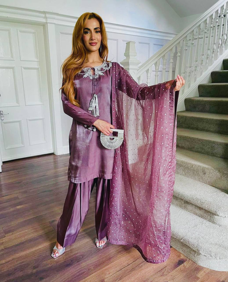 Presenting New Pure Natural Crep Satin Top&Farshi&Dupatta Set Fully Stitched Ready To Wear