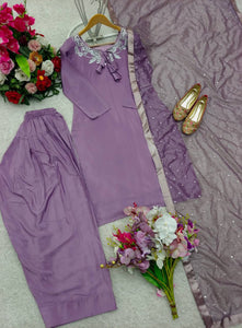 Presenting New Pure Natural Crep Satin Top&Farshi&Dupatta Set Fully Stitched Ready To Wear