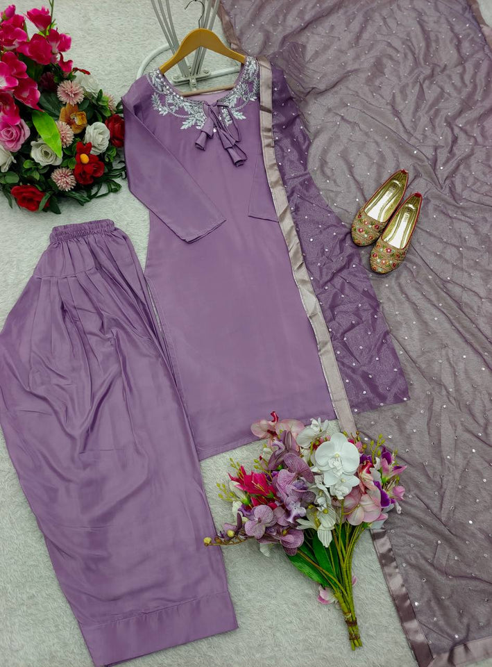 Presenting New Pure Natural Crep Satin Top&Farshi&Dupatta Set Fully Stitched Ready To Wear