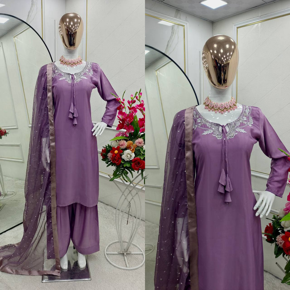 Presenting New Pure Natural Crep Satin Top&Farshi&Dupatta Set Fully Stitched Ready To Wear