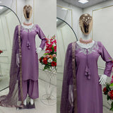 Presenting New Pure Natural Crep Satin Top&Farshi&Dupatta Set Fully Stitched Ready To Wear