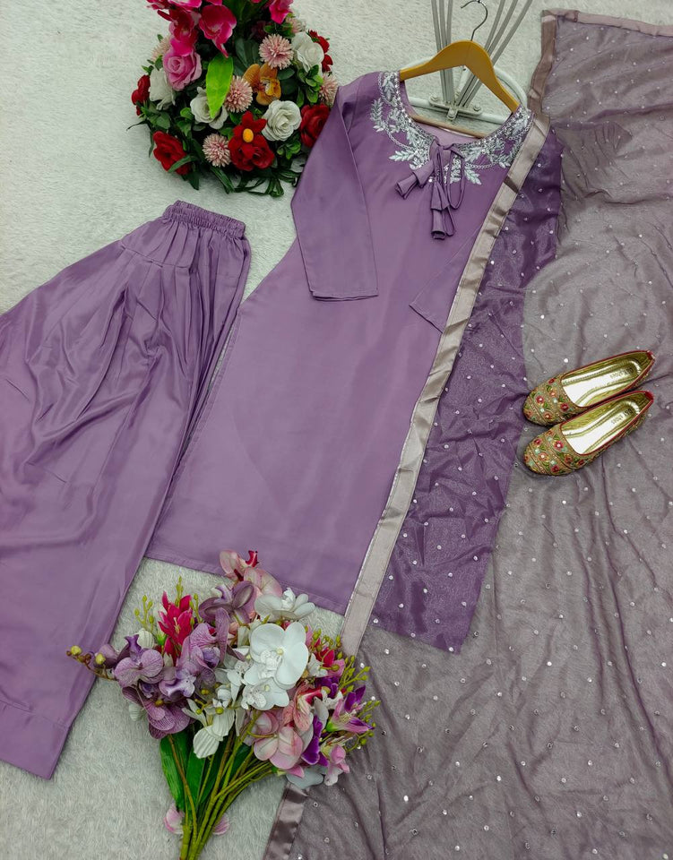 Presenting New Pure Natural Crep Satin Top&Farshi&Dupatta Set Fully Stitched Ready To Wear