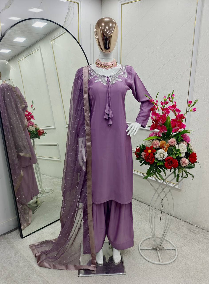 Presenting New Pure Natural Crep Satin Top&Farshi&Dupatta Set Fully Stitched Ready To Wear