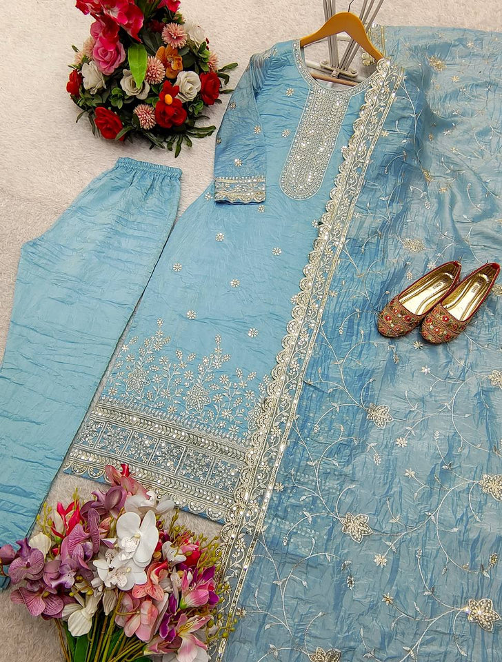 Presenting New Pure Gold Crush Top&Pent&Dupatta Set Fully Stitched Ready To Wear 🔥