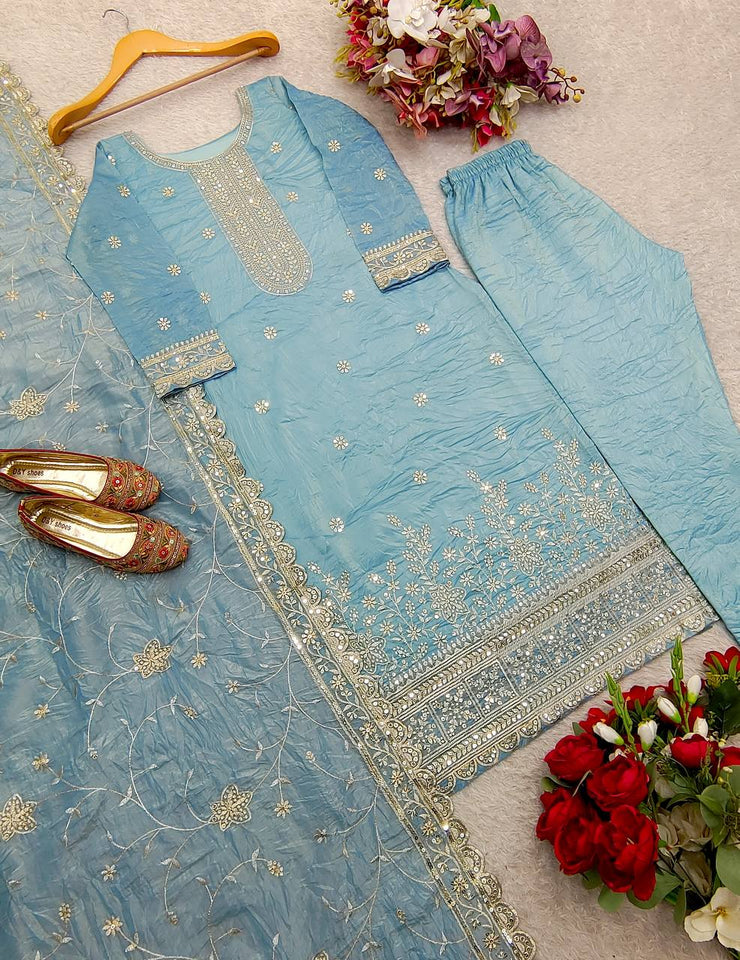 Presenting New Pure Gold Crush Top&Pent&Dupatta Set Fully Stitched Ready To Wear 🔥