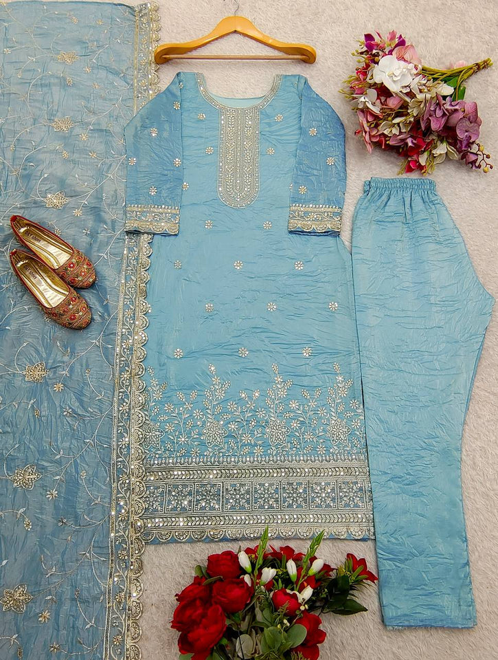 Presenting New Pure Gold Crush Top&Pent&Dupatta Set Fully Stitched Ready To Wear 🔥