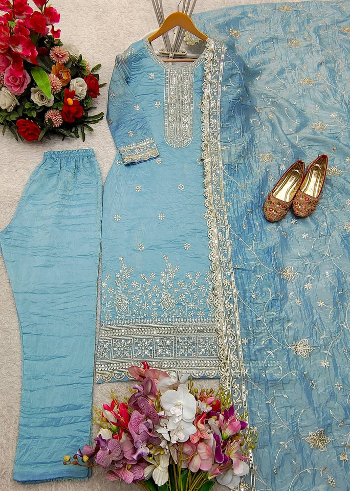 Presenting New Pure Gold Crush Top&Pent&Dupatta Set Fully Stitched Ready To Wear 🔥