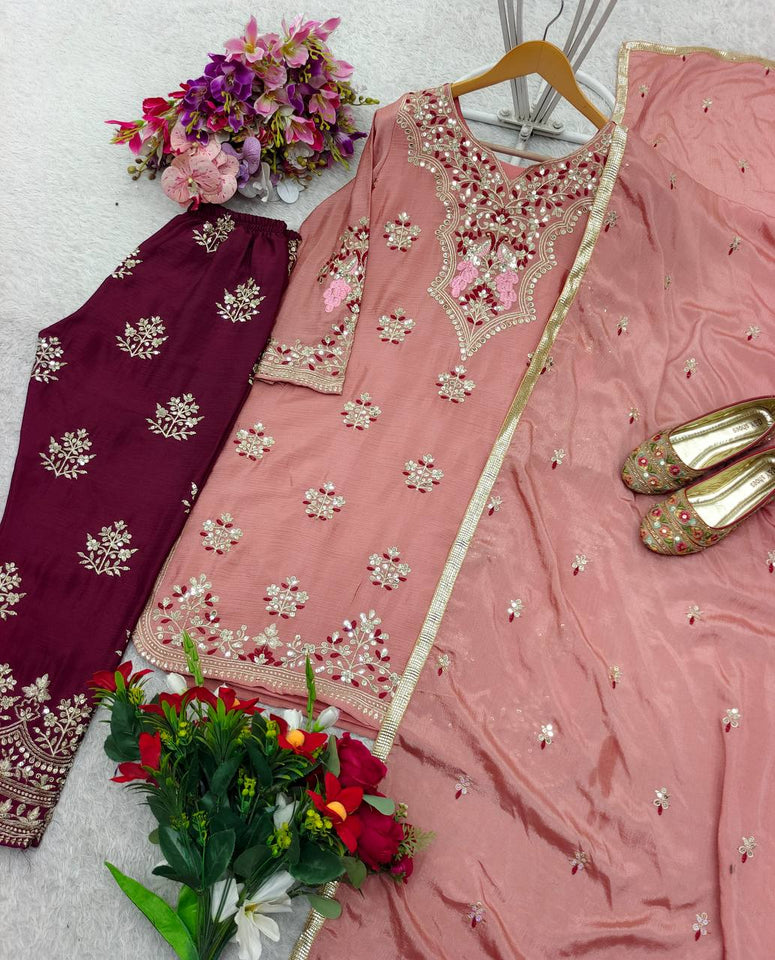 Presenting New Pure Cinon Silk Top&Pent&Dupatta Set Fully Stitched Ready To Wear