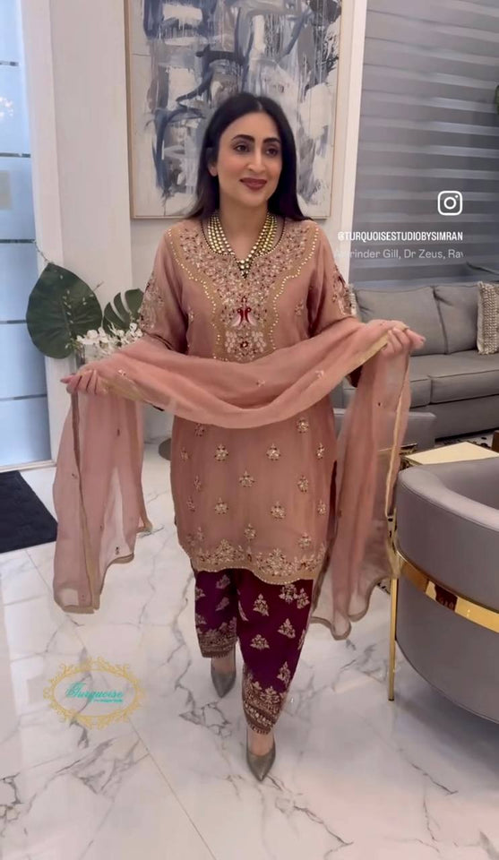 Presenting New Pure Cinon Silk Top&Pent&Dupatta Set Fully Stitched Ready To Wear