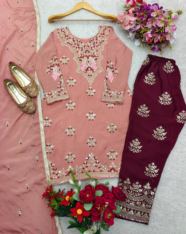 Presenting New Pure Cinon Silk Top&Pent&Dupatta Set Fully Stitched Ready To Wear