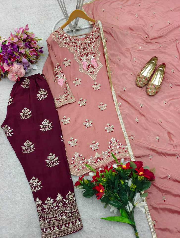 Presenting New Pure Cinon Silk Top&Pent&Dupatta Set Fully Stitched Ready To Wear