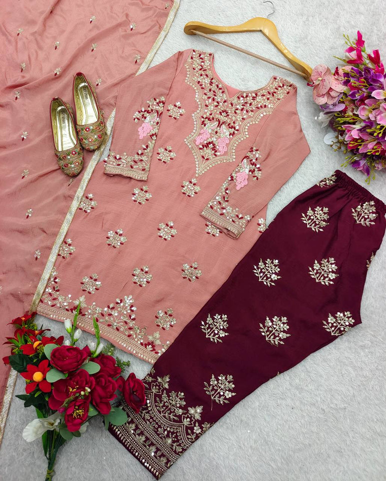 Presenting New Pure Cinon Silk Top&Pent&Dupatta Set Fully Stitched Ready To Wear