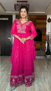 Presenting New Collection Heavy Pure Georgette Gown -Pent  Dupatta Set Fully Stitched Ready To Wear 🔥😍🥰*