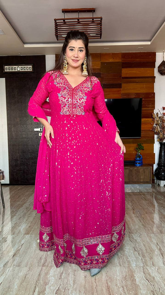 Presenting New Collection Heavy Pure Georgette Gown -Pent  Dupatta Set Fully Stitched Ready To Wear 🔥😍🥰*