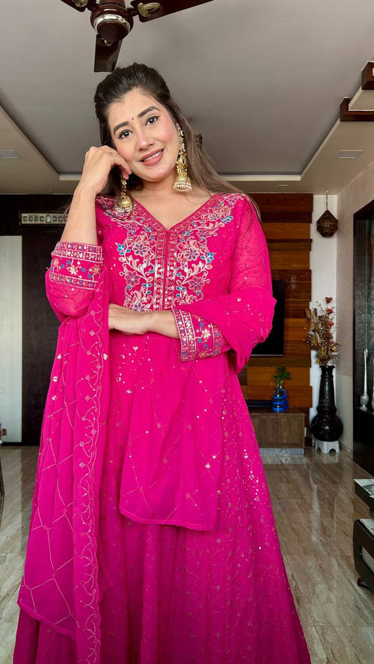 Presenting New Collection Heavy Pure Georgette Gown -Pent  Dupatta Set Fully Stitched Ready To Wear 🔥😍🥰*