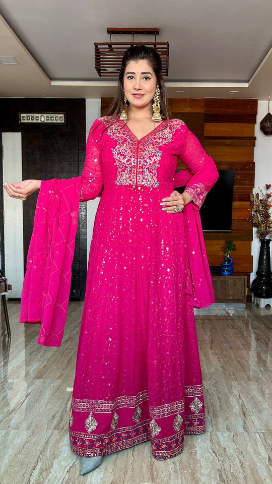 Presenting New Collection Heavy Pure Georgette Gown -Pent  Dupatta Set Fully Stitched Ready To Wear 🔥😍🥰*