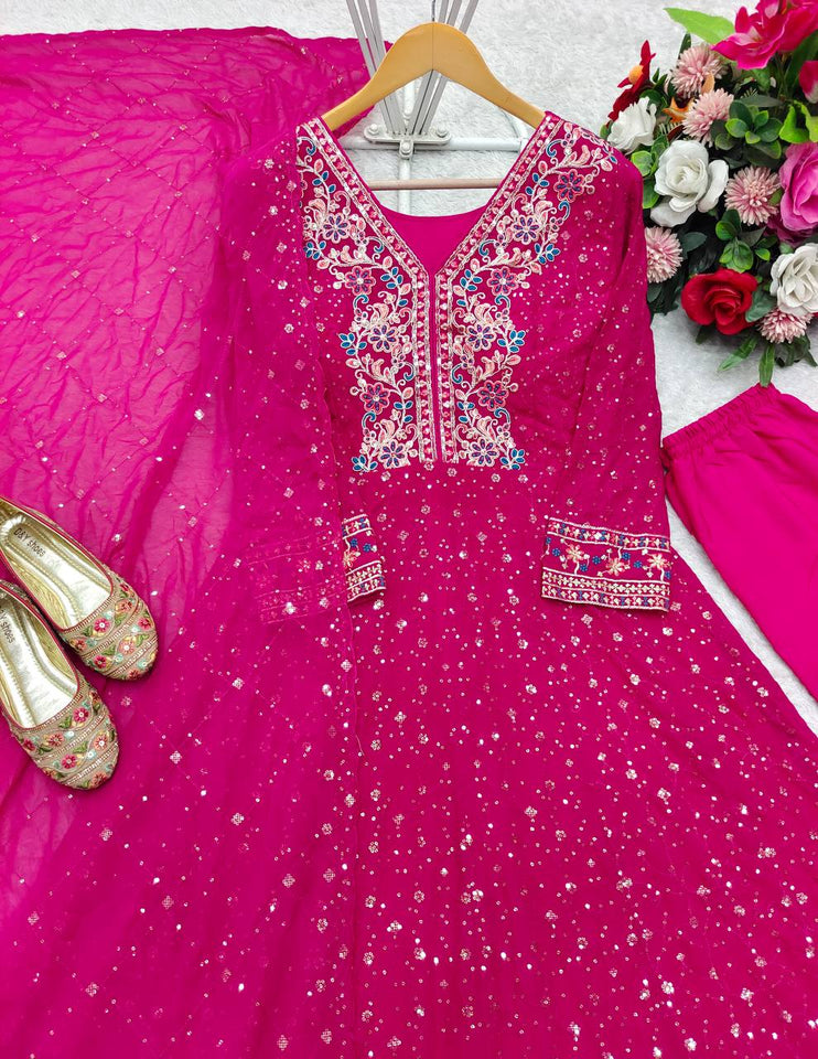 Presenting New Collection Heavy Pure Georgette Gown -Pent  Dupatta Set Fully Stitched Ready To Wear 🔥😍🥰*