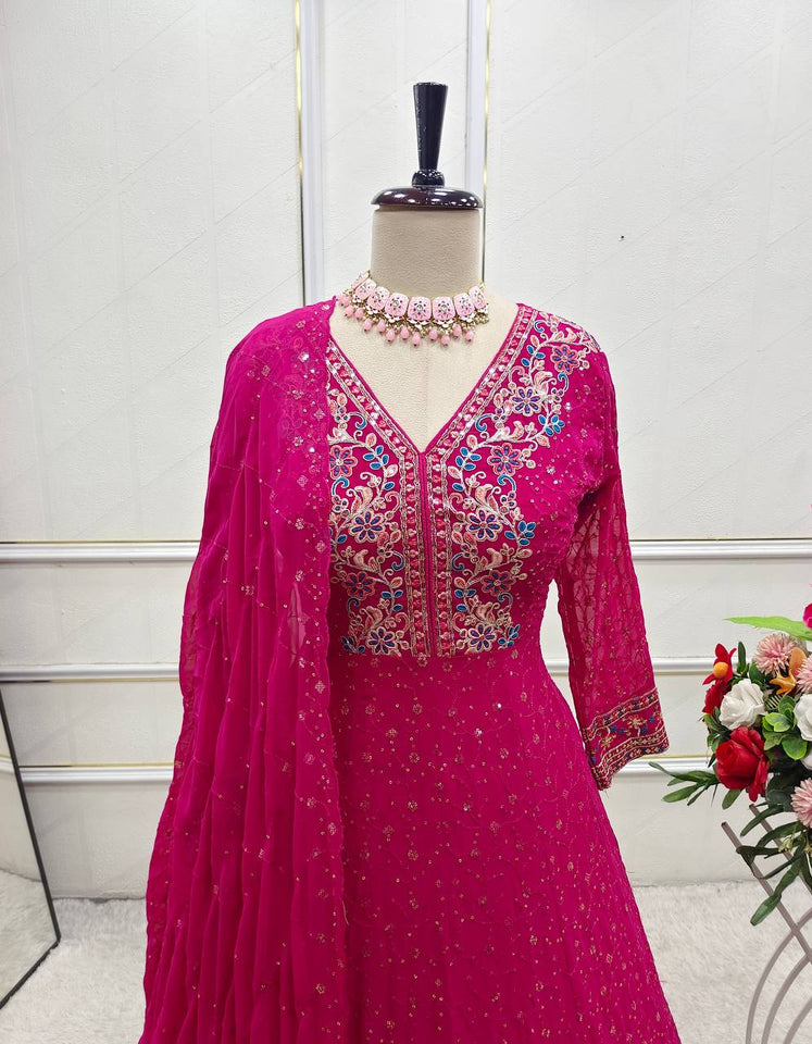 Presenting New Collection Heavy Pure Georgette Gown -Pent  Dupatta Set Fully Stitched Ready To Wear 🔥😍🥰*