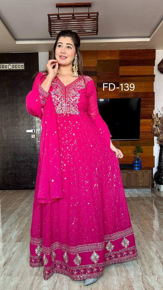 Presenting New Collection Heavy Pure Georgette Gown -Pent  Dupatta Set Fully Stitched Ready To Wear 🔥😍🥰*