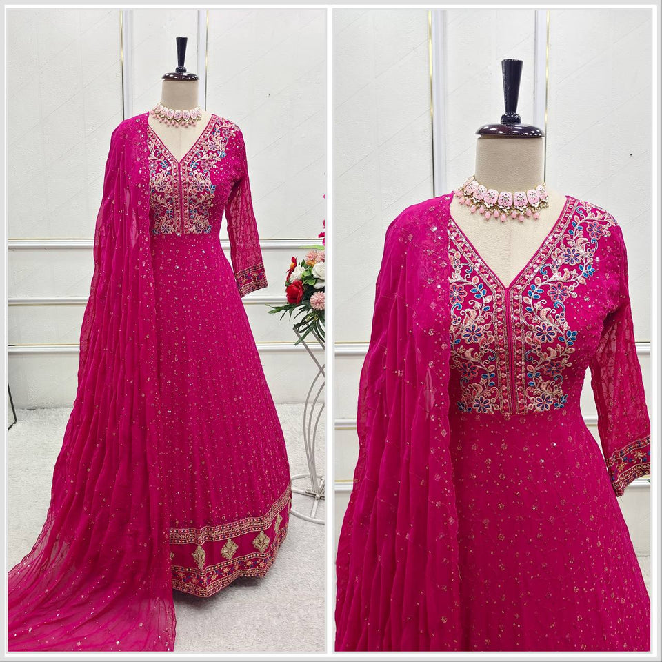 Presenting New Collection Heavy Pure Georgette Gown -Pent  Dupatta Set Fully Stitched Ready To Wear 🔥😍🥰*