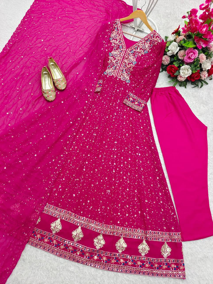 Presenting New Collection Heavy Pure Georgette Gown -Pent  Dupatta Set Fully Stitched Ready To Wear 🔥😍🥰*