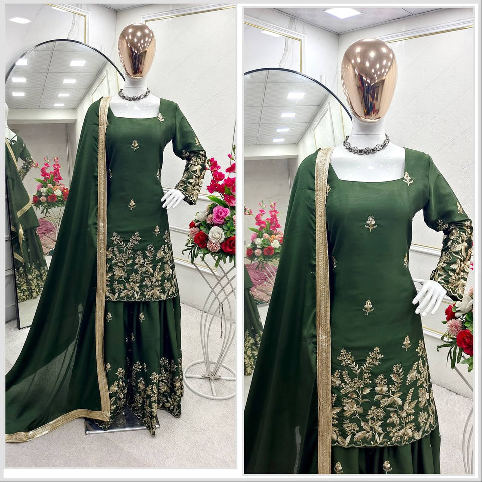 Presenting New Cinon Top-Sarara and Dupatta Set Fully Stitched Ready To Wear