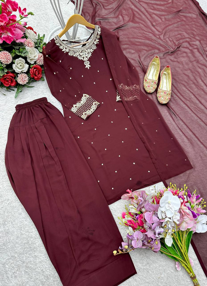 Presenting New Pure Blooming Georgette Top&Farshi&Dupatta Set Fully Stitched Ready To Wear
