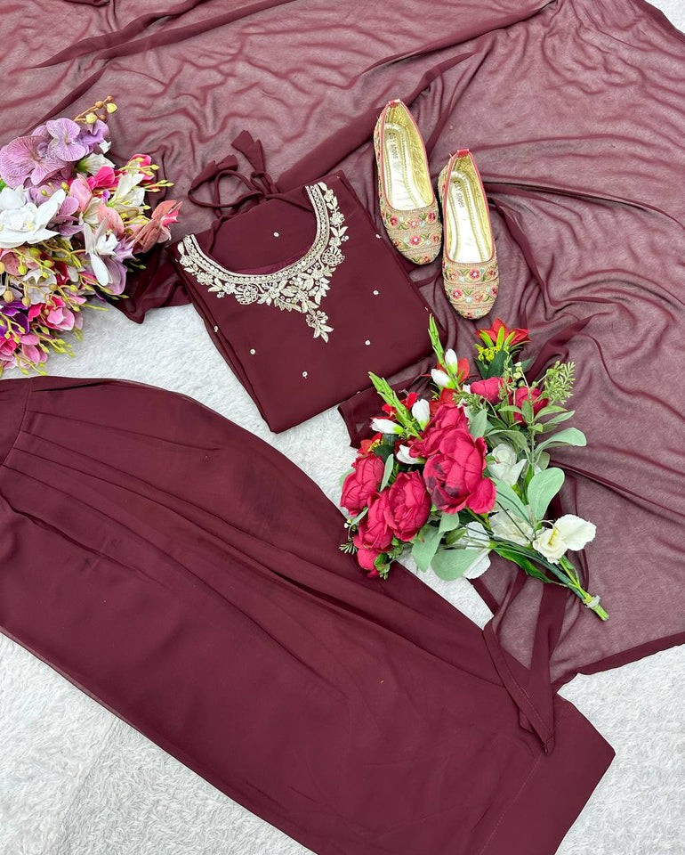 Presenting New Pure Blooming Georgette Top&Farshi&Dupatta Set Fully Stitched Ready To Wear