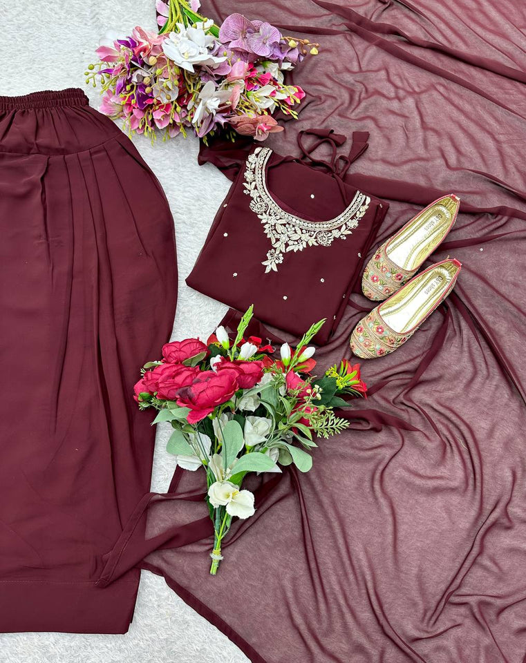 Presenting New Pure Blooming Georgette Top&Farshi&Dupatta Set Fully Stitched Ready To Wear