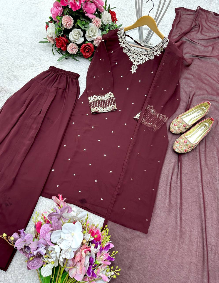 Presenting New Pure Blooming Georgette Top&Farshi&Dupatta Set Fully Stitched Ready To Wear